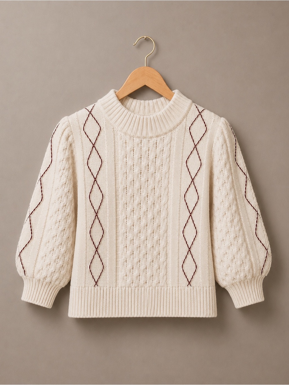 Rails Cream Cable Knit Sweater Burgundy Diamond Stitch Puff Sleeve Knit Top S